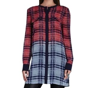 BCBGMaxAzria 100% Silk Navy and Red Plaid Tunic